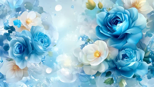 Digital Floral Composition: Blue and White Roses with Ethereal Light Effects.
