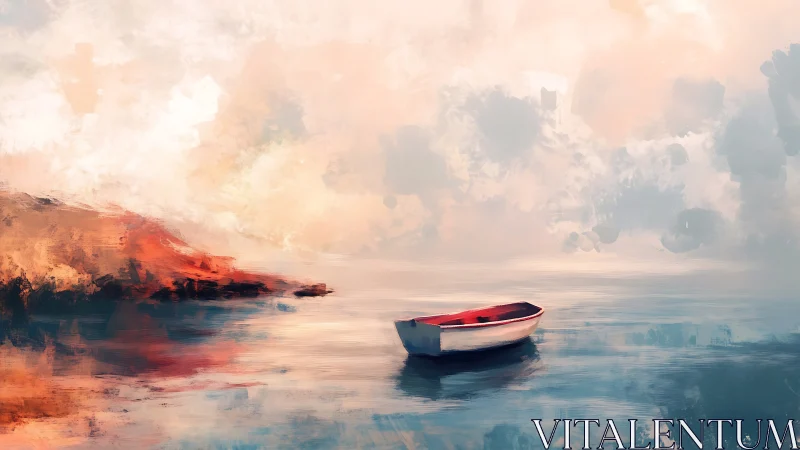 Solitary rowboat on reflective bay with expressive brushwork cloudfield