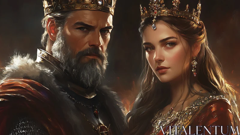 Middle-aged king and young queen stand in formal regalia