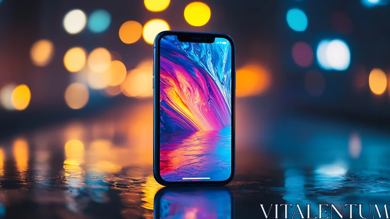 Smartphone stands upright on wet reflective surface at night