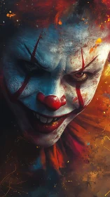 Sinister clown portrait glows through chaotic firestorm