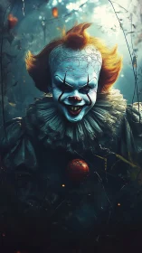 Menacing horror clown with cracked face in dark forest.