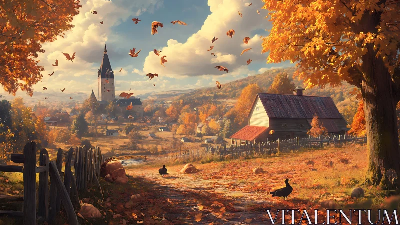 Amber leaves whirl above a storybook village in autumn glow.