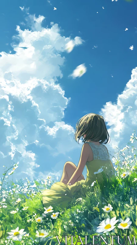 Daydreaming girl stitches quiet wishes into the summer sky