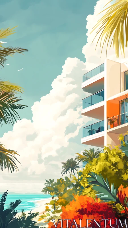 Modern tropical condo overlooks vibrant palm-lined shoreline.