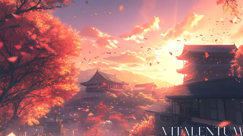 Autumn sunset bathes tranquil Japanese rooftops in golden light