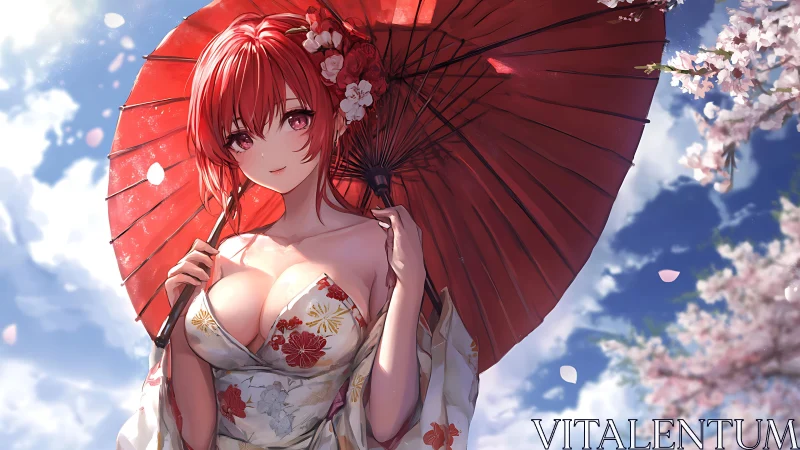 Gentle red haired girl enjoys spring day with a bright umbrella