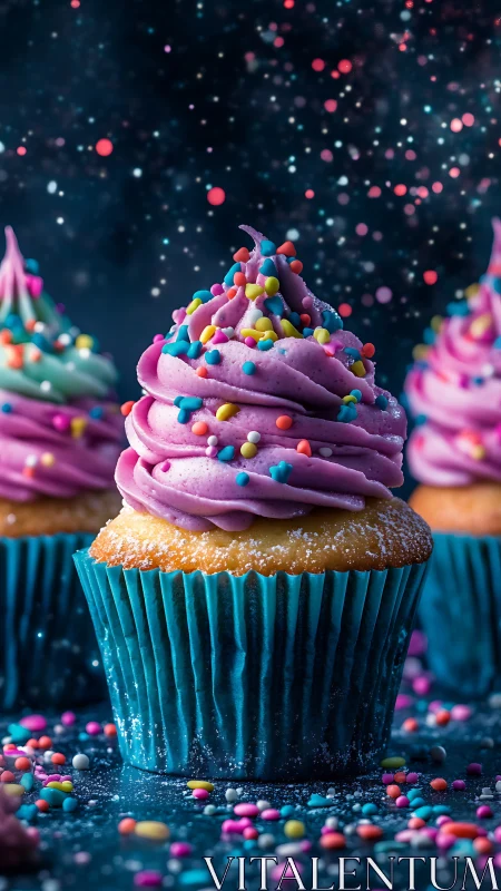 Vibrant Cosmic Cupcake with Purple Frosting and Colorful Sprinkles