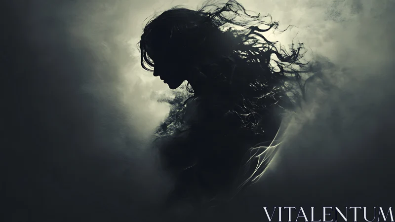 Ethereal female silhouette dissolving into swirling smoke.