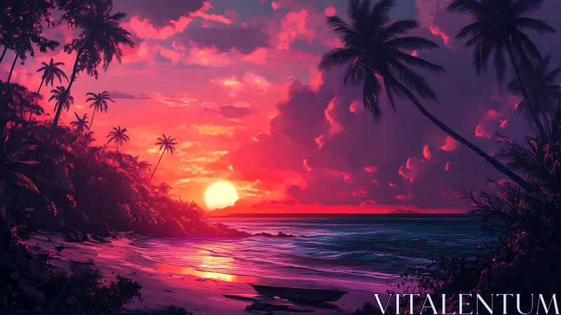 Radiant tropical sunset bathes a quiet palm-lined shore
