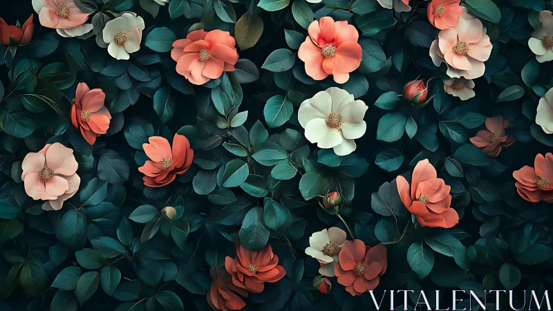 Lush Garden Dreams: Coral and Blush Blooms Nestled in Deep Emerald