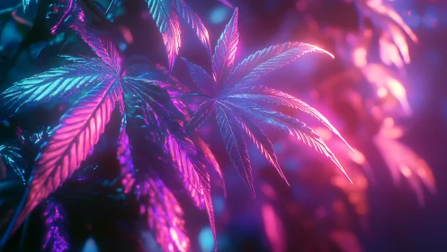 Neon lit cannabis leaves under colored studio lighting.