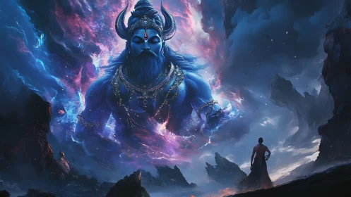 Colossal cosmic deity emerges over lone figure in storm