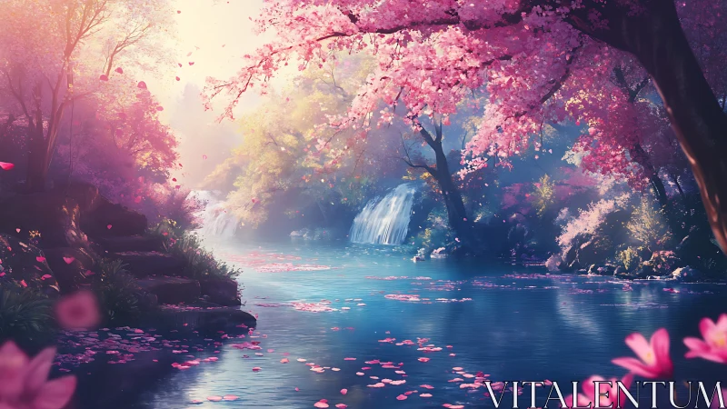 Dreamy cherry blossom river under soft waterfall light.
