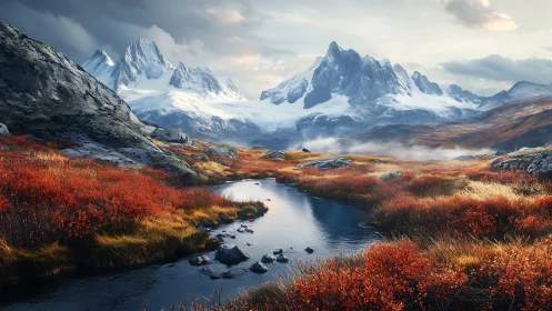 Snowcapped mountain range overlooks vivid autumn valley stream