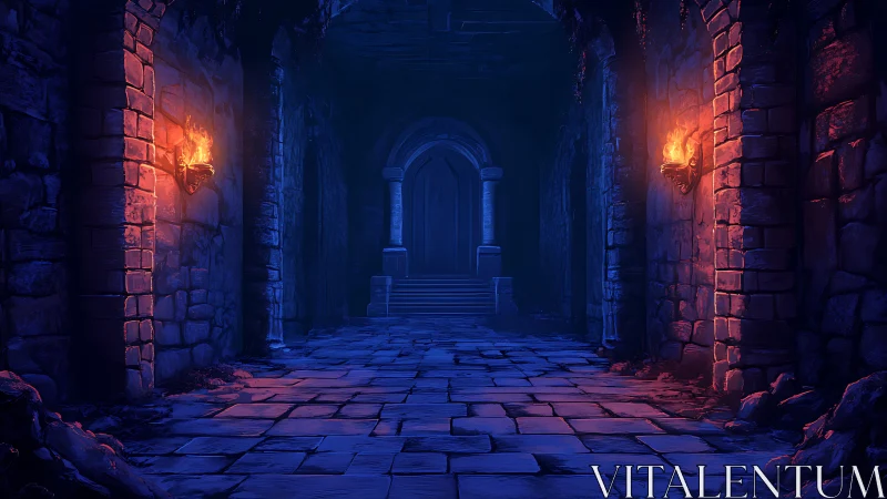 Stone corridor with torches leading to arched doorway.