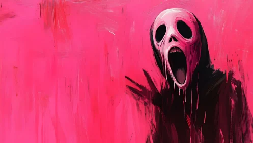 Elongated skull mask figure is rendered against flat pink field