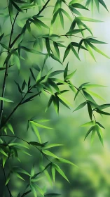 Sunlit bamboo leaves against soft green bokeh background.