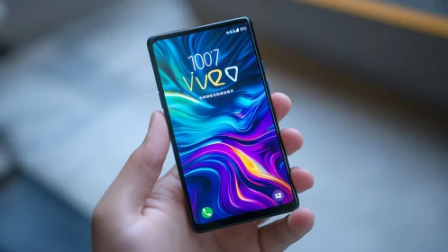 Vivo V17 smartphone with vibrant blue and purple display held in hand.