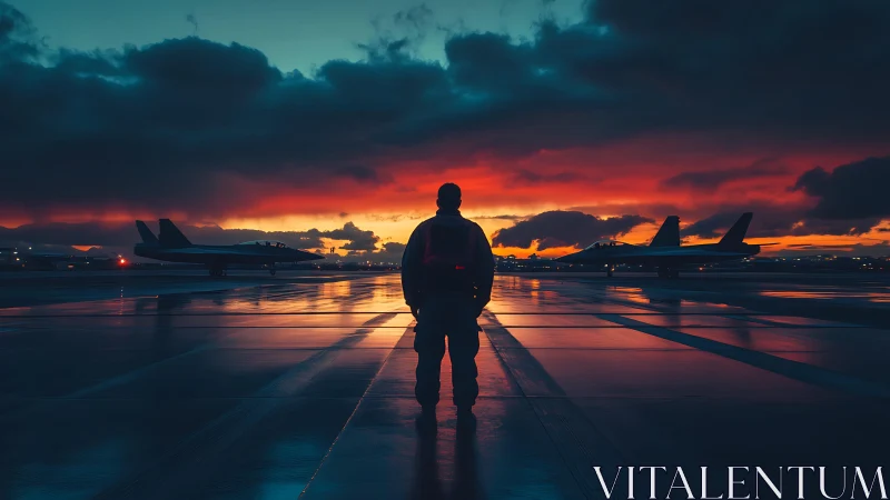 Solitary aviator on wet tarmac aligned with sunset flightline.