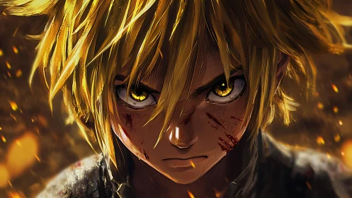 Intense blond warrior glare amid drifting embers at dusk.