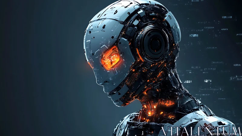 Cybernetic android with molten core and luminous gaze.