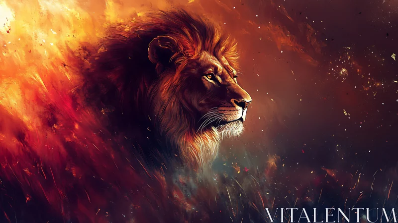 Majestic lion emerges from swirling cosmic firestorm