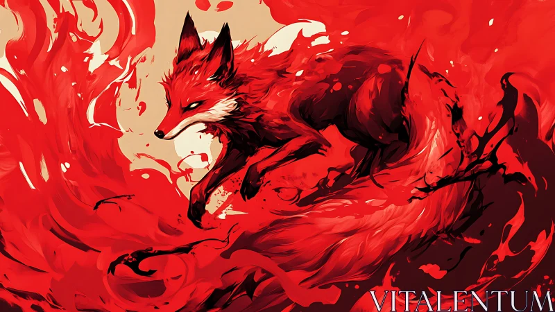 Scarlet fox erupts through swirling liquid fire cascade.