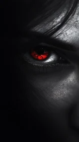 Red demon eye glows from shadowed monochrome face.