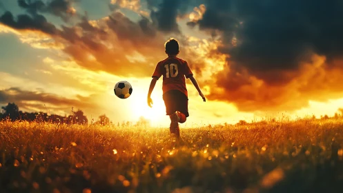 Silhouetted youth playing soccer on field at vivid sunset.