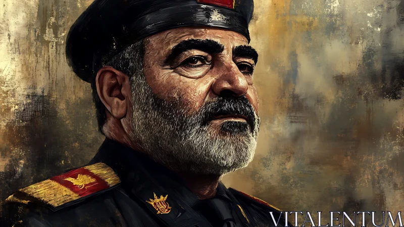 Oil portrait of stern officer in uniform against textured field.