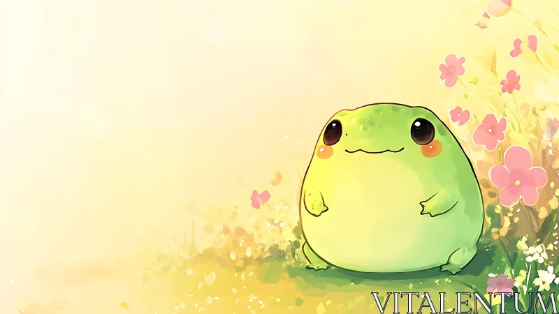 Round green frog character in soft floral field scene.