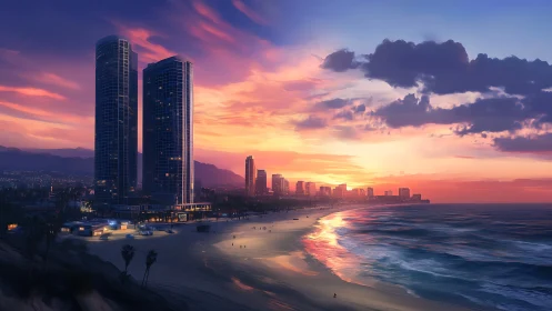 High rise beachfront skyline under vivid sunset sky.