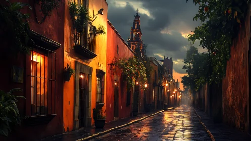 Wet cobblestone street reflects warm lanterns at dusk in colonial alley