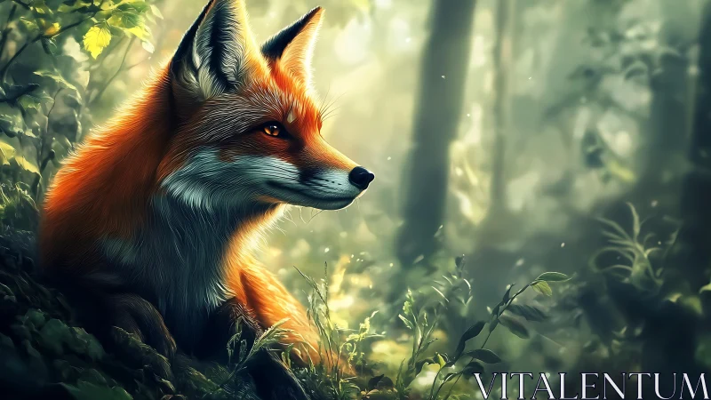 Forest daydream fox in sunlit emerald hush of dawn.
