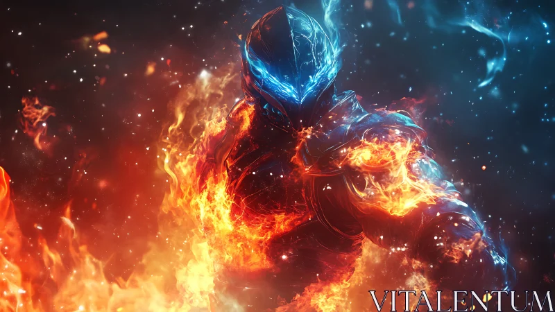 Elemental armored warrior engulfed in dynamic blue fire.