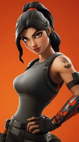 Stylized female game character in tactical outfit poses