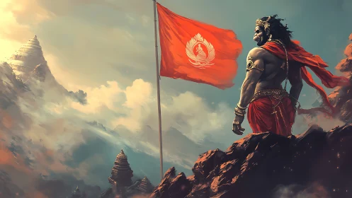 Mythic warrior guards a blazing red banner above temples.
