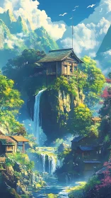 Mountain shrine overlooks cascading waterfalls and misty valley.