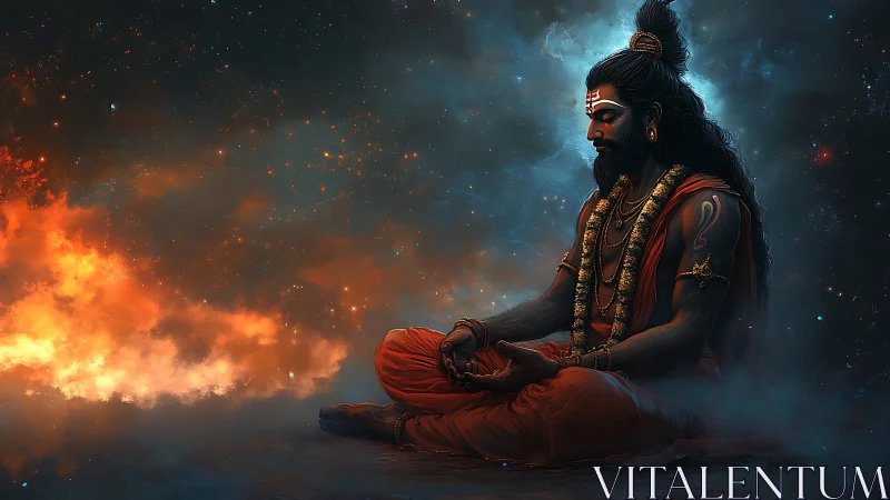 Meditating sage in cosmic space with glowing fire border.