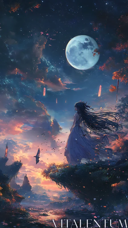 Moonlit cliffside figure under volumetric clouds and twilight gradients