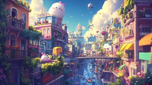 Whimsical canal city under pastel skies and plush airships.