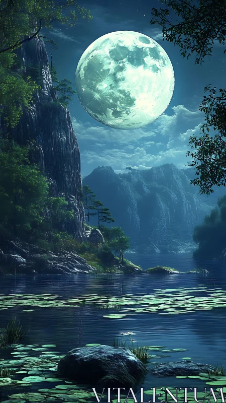 Lunar-lit mountain lake with lily pads in vertical composition.