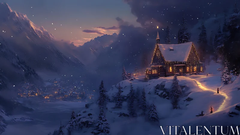 Snow-covered alpine cabin uses warm emissive lighting in dusk snowstorm