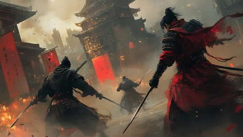 Blades clash beneath burning banners in a storm of embers.