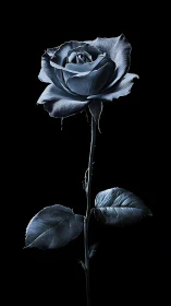 Steel-petal rose glows like moonlit metal in velvet dark
