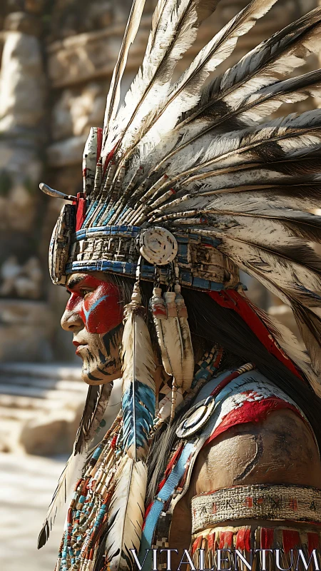 Side profile of indigenous man in feathered ceremonial headdress.