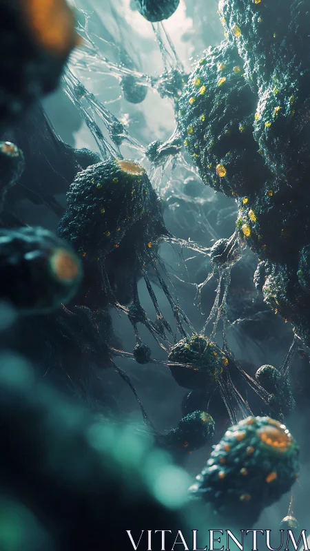 Bioluminescent spores drift through a tangled alien webscape.