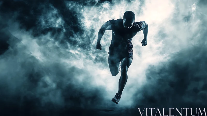 Sprinter in motion cutting through dramatic smoke clouds.