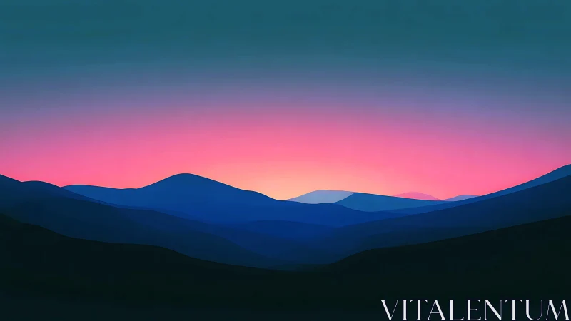 Minimalist blue mountains under neon pink twilight sky.